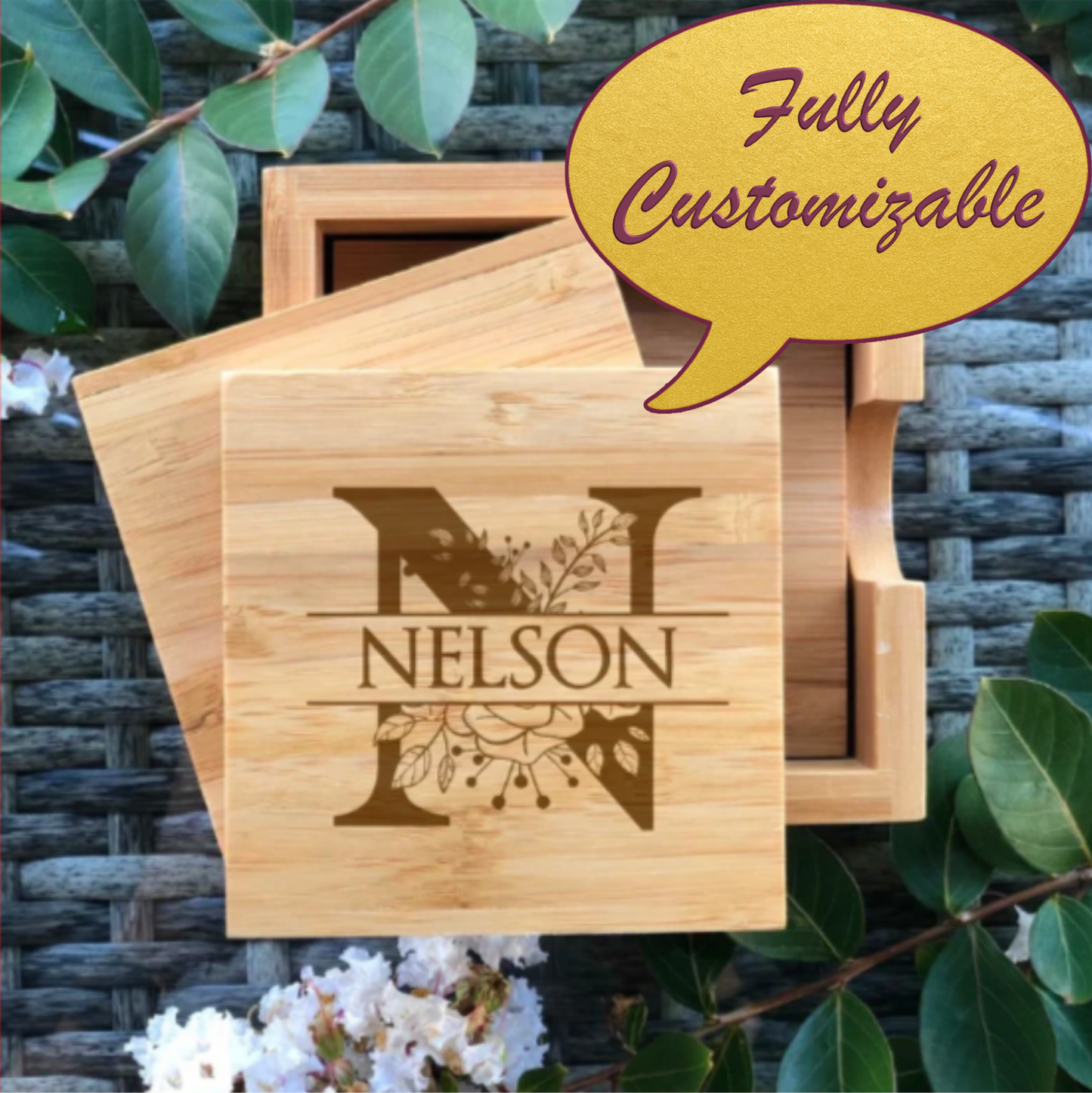 Bamboo – Custom Engraved Coasters (Set of 4) With Holder